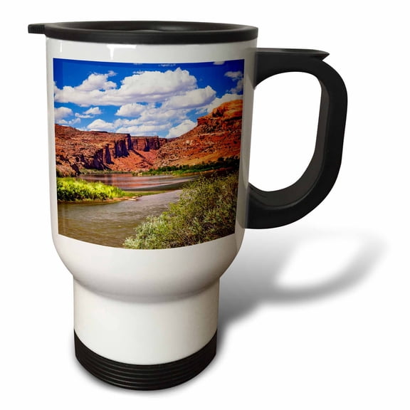 3drose, Colorado River Through Rugged Landscape, Red Rock Canyon, Moab, Utah, 14oz Stainless Steel Travel Mug