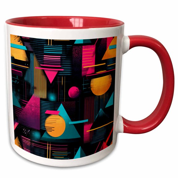 3drose, Colorful 90s Pop Art Geometric Abstract Pattern, 11oz Two-tone Red Mug