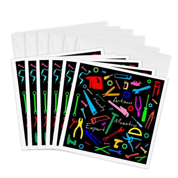 3drose, Colorful Bench Tools and Metalware, Text Artisan, Handy on Black, 6 Greeting Cards with Envelopes