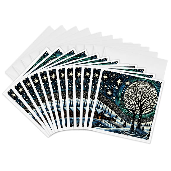 3drose, Colorful Block Print of a Winter Snow Scene, 12 Greeting Cards with Envelopes