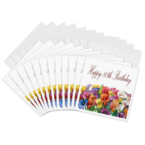 3drose, Colorful Calla Lily Happy 80th Birthday, 12 Greeting Cards with Envelopes