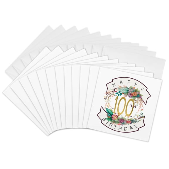 3drose, Colorful Floral Wreath Happy 100th Birthday, 12 Greeting Cards with Envelopes