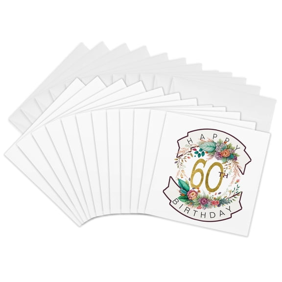 3drose, Colorful Floral Wreath Happy 60th Birthday, 12 Greeting Cards with Envelopes
