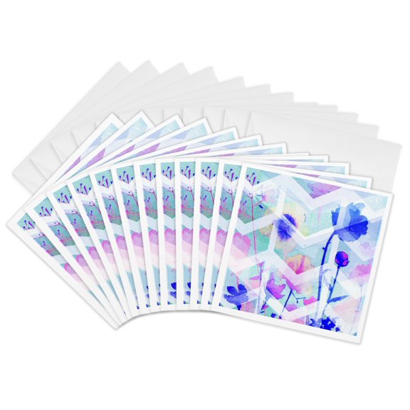 3drose, Colorful Flowers with Blue Background and Chevron Stripe, 12 Greeting Cards with Envelopes
