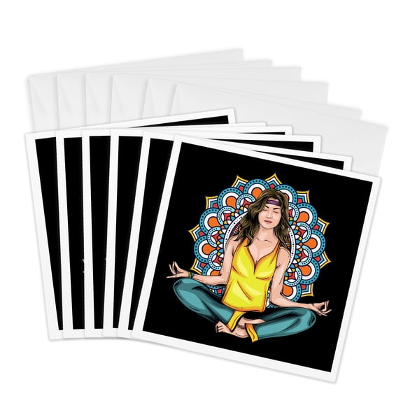 3drose, Colorful Mandala with a Hippie Female Person with Yoga Pose Chakra Zen, 6 Greeting Cards with Envelopes