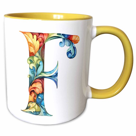 3drose, Colorful Monogram Letter F, 11oz Two-tone Yellow Mug