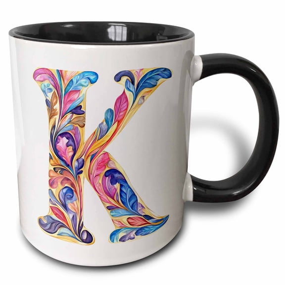 3drose, Colorful Monogram Letter K, 11oz Two-tone Black Mug