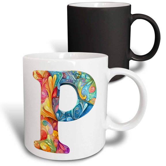 3drose, Colorful Monogram Letter P, 11oz Magic Transforming Mug