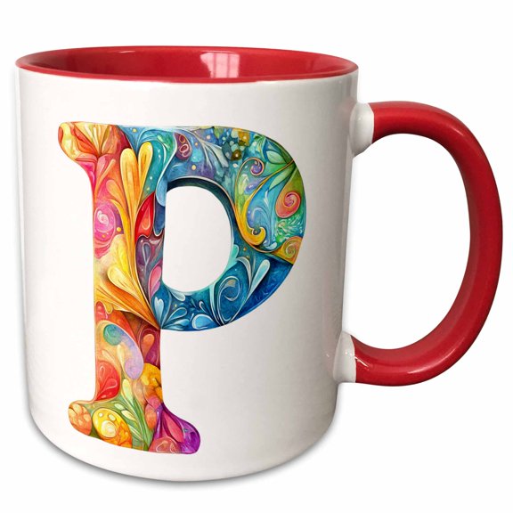 3drose, Colorful Monogram Letter P, 11oz Two-tone Red Mug