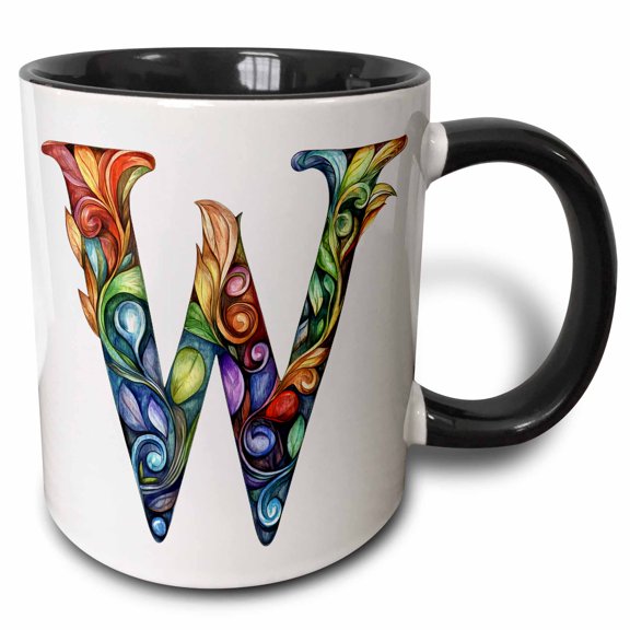 3drose, Colorful Monogram Letter W, 11oz Two-tone Black Mug