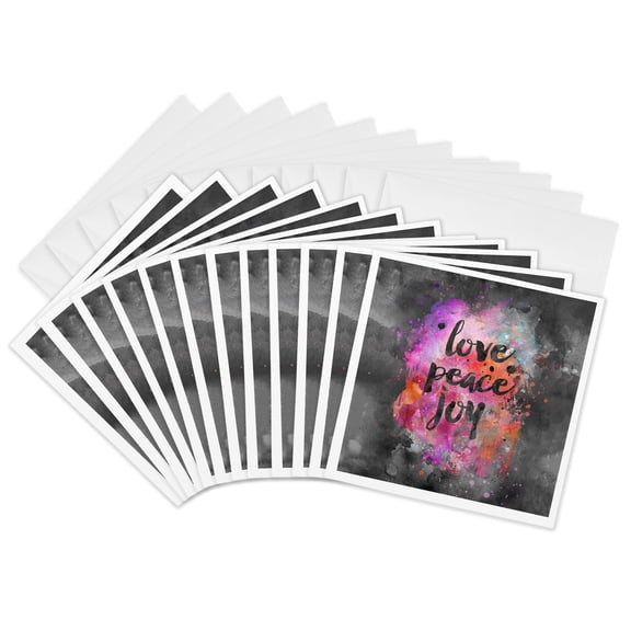 3drose, Colorful Motivational Watercolor Typography Love Peace Joy, 12 Greeting Cards with Envelopes