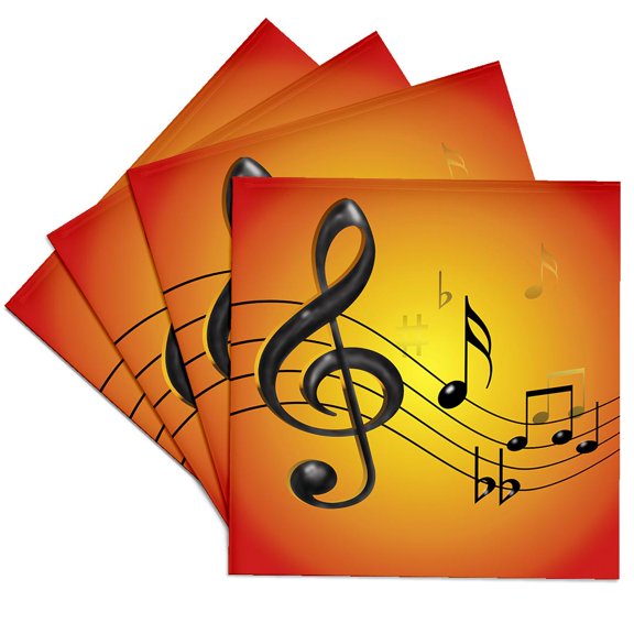 3drose, Colorful Musical Abstract with 3d Musical Notes in Black and Gold on a Bright Yellow Orange Gradient, Set of 4 Ceramic Tile Coasters