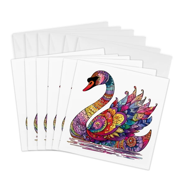 3drose, Colorful Ornamental Swan Illustration, 6 Greeting Cards with Envelopes