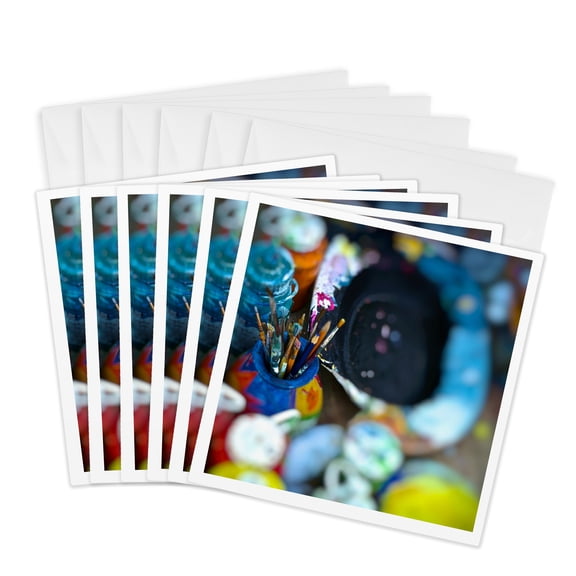 3drose, Colorful Paint Brushes and Paint, 6 Greeting Cards with Envelopes