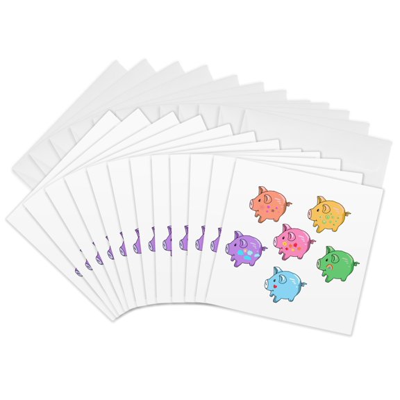 3drose, Colorful Pig Flower - Rainbow Pigs Arranged in Floral Shape - Cute Kawaii Farm Animal Cartoon White, 12 Greeting Cards with Envelopes