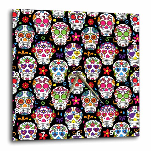 3drose, Colorful Sugar Skulls Pattern, 10x10 Wall Clock
