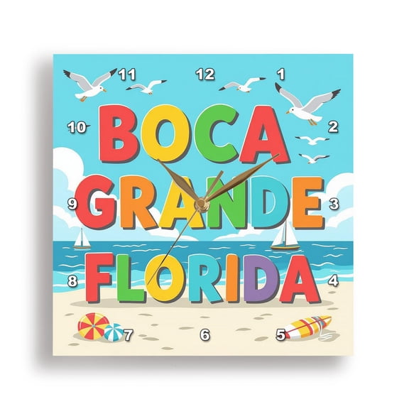 3drose, Colorful Text Boca Grande Florida and the Image of Sandy Beach Art, 15x15 Wall Clock