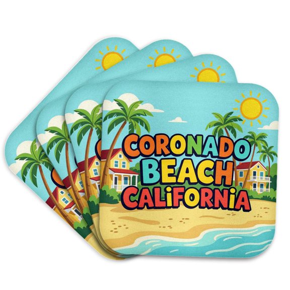 3drose, Colorful Text Coronado Beach California, Palms, Sand, Sun, Sea Art, Set of 4 Coasters - Soft