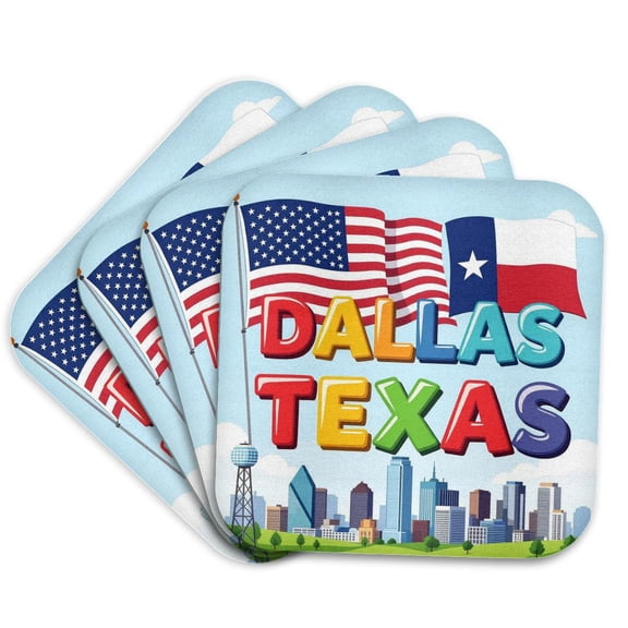 3drose, Colorful Text Dallas, Texas. American, Texas Flags. Patriotic Gift, Set of 4 Coasters - Soft