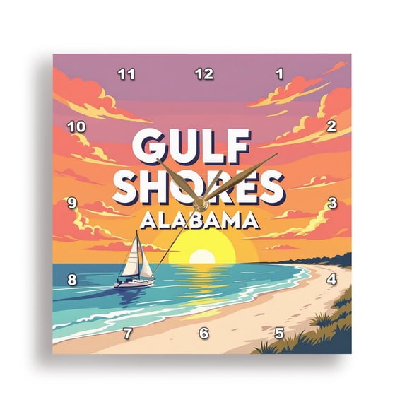 3drose, Colorful Text Gulf Shores Alabama, Sunset over Beach, Sailboat Art, 15x15 Wall Clock