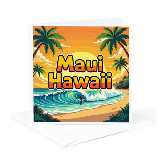 3drose, Colorful Text Maui Hawaii. a Surfer Rides the Wave at Sunset Gift, 1 Greeting Card with Envelope