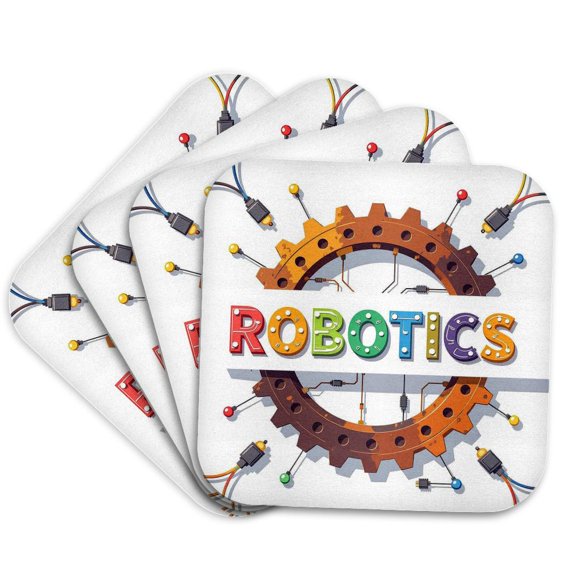 3drose, Colorful Text Robotics, Rusty Gear, Lamps, Wires. Funny Art Gift, Set of 4 Coasters - Soft