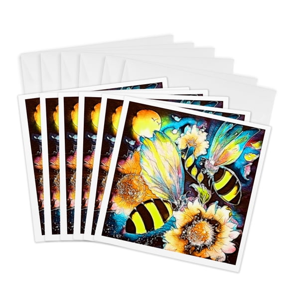 3drose, Colorful Wings Bumble Bees and Floral Nature Digital Art Design, 6 Greeting Cards with Envelopes