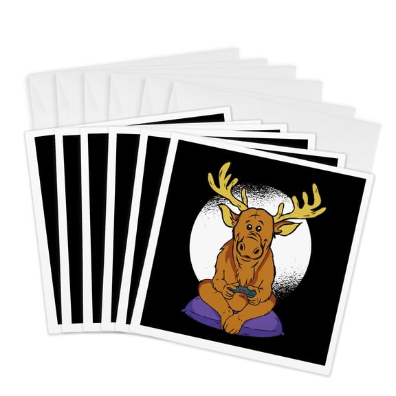 3drose, Comic Cartoon Deer Who Is Playing Video Games, 6 Greeting Cards with Envelopes