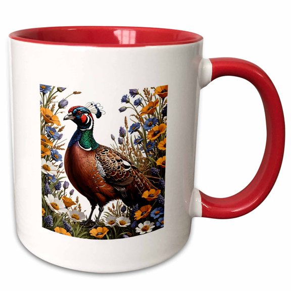 3drose, Common Pheasant Amongst Purple Flowers, 15oz Two-tone Red Mug