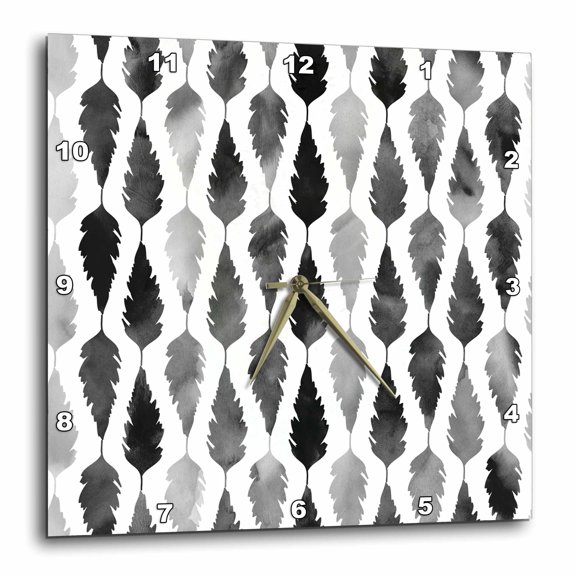 3drose, Contemporary Black and White Image of Watercolor Feather Pattern, 15x15 Wall Clock