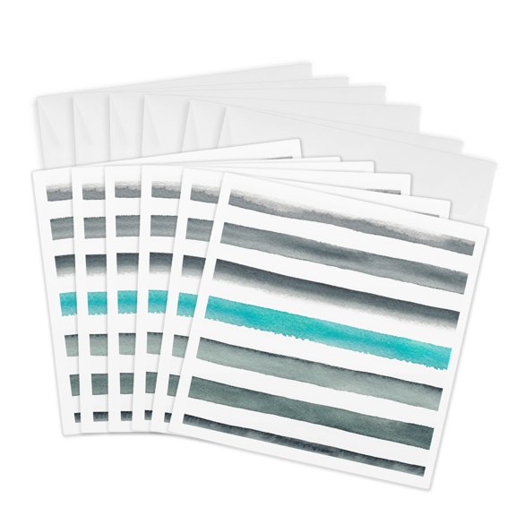 3drose, Contemporary Hand Painted Aqua and Gray Hand Painted Stripes, 6 Greeting Cards with Envelopes