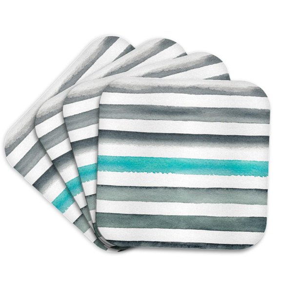 3drose, Contemporary Hand Painted Aqua and Gray Hand Painted Stripes, Set of 4 Coasters - Soft