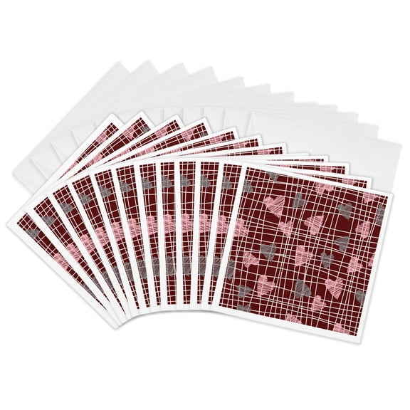 3drose, Contemporary Pink and Gray Scribble Hearts on a Cross Hatch Pattern, 12 Greeting Cards with Envelopes