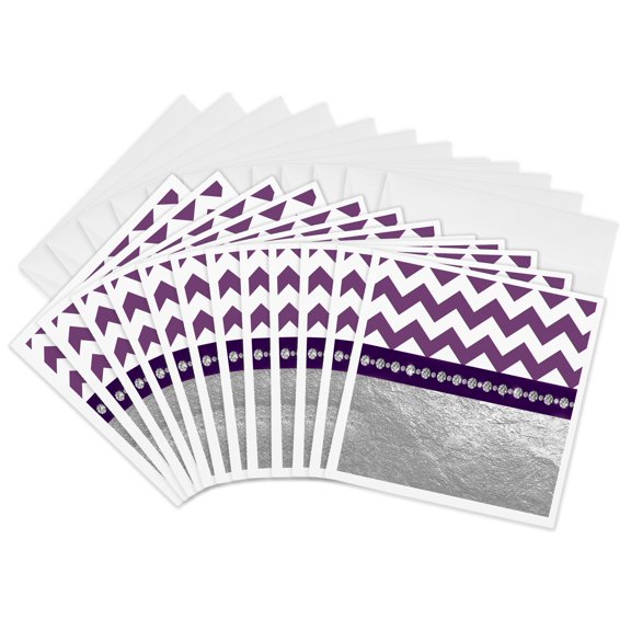 3drose, Contemporary Purple and White Chevron Stripes, Silver Diamond Design, 12 Greeting Cards with Envelopes