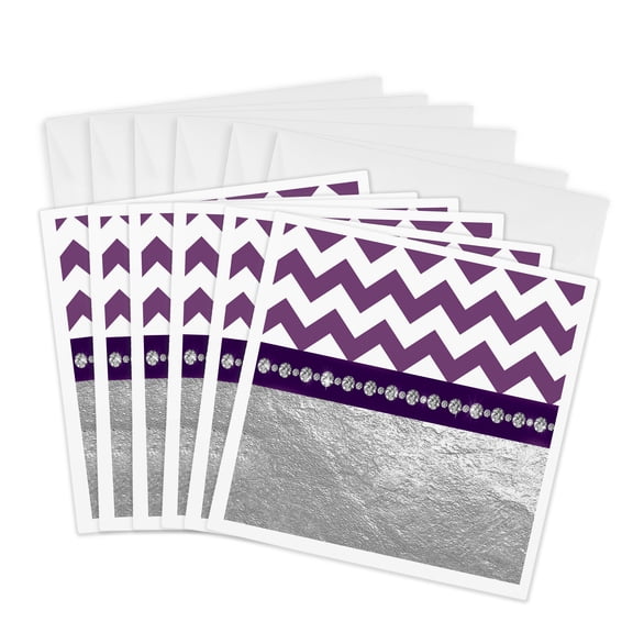 3drose, Contemporary Purple and White Chevron Stripes, Silver Diamond Design, 6 Greeting Cards with Envelopes