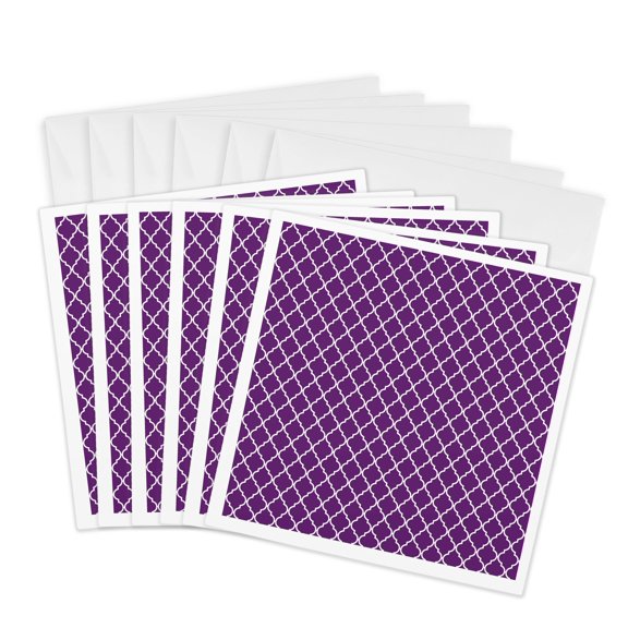 3drose, Contemporary Purple and White Moroccan Quatrefoil Pattern, 6 Greeting Cards with Envelopes