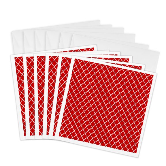 3drose, Contemporary Red and White Moroccan Quatrefoil Pattern, 6 Greeting Cards with Envelopes