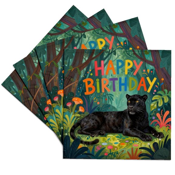 3drose, Cool Black Panther in the Jungle. Happy Birthday. Art Gift, Card, Set of 4 Ceramic Tile Coasters