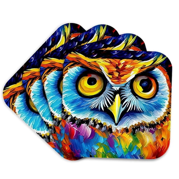 3drose, Cool Colorful Owl Portrait. Decorative Digital Painting Gift or Charm, Set of 4 Coasters - Cork