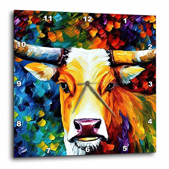 3drose, Cool Colorful Portrait of a Longhorn Bull. Family Friendly Art Gift, 15x15 Wall Clock