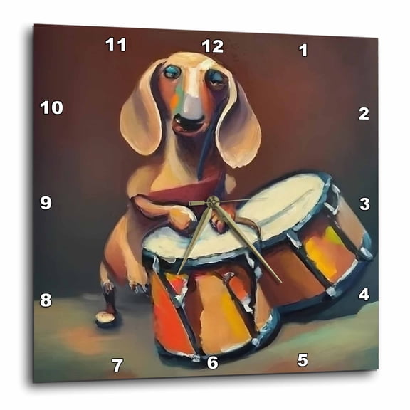 3drose, Cool Cute Funny Dachshund Puppy Dog Playing Drums Music Cubism, 10x10 Wall Clock