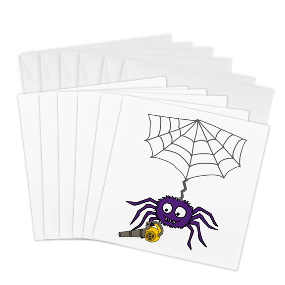 3drose, Cool Funny Purple Spider Using Leaf Blower with Web Cartoon, 6 Greeting Cards with Envelopes