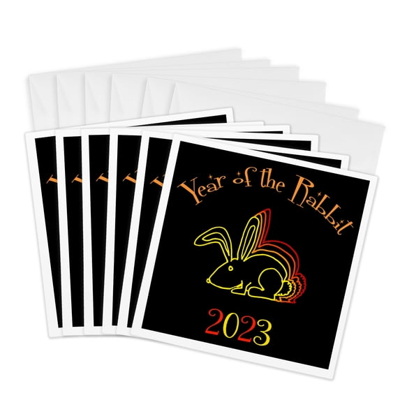 3drose, Cool Funny Year of the Rabbit Outline Art Bunny Rabbit, 6 Greeting Cards with Envelopes