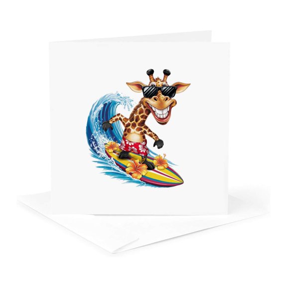 3drose, Cool Giraffe Wave Surfer. Funny, Unique Summer Art Gift for Anyone, 1 Greeting Card with Envelope