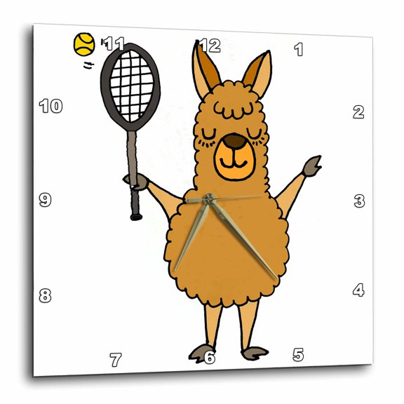 3drose, Cool Humorous Llama Playing Tennis Cartoon, 13x13 Wall Clock