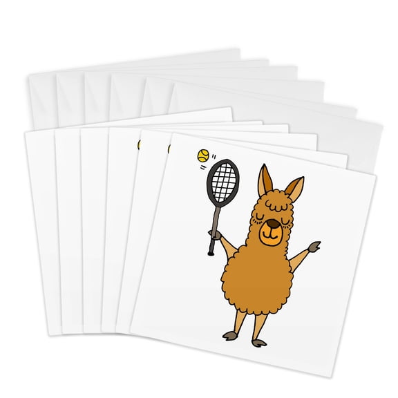 3drose, Cool Humorous Llama Playing Tennis Cartoon, 6 Greeting Cards with Envelopes