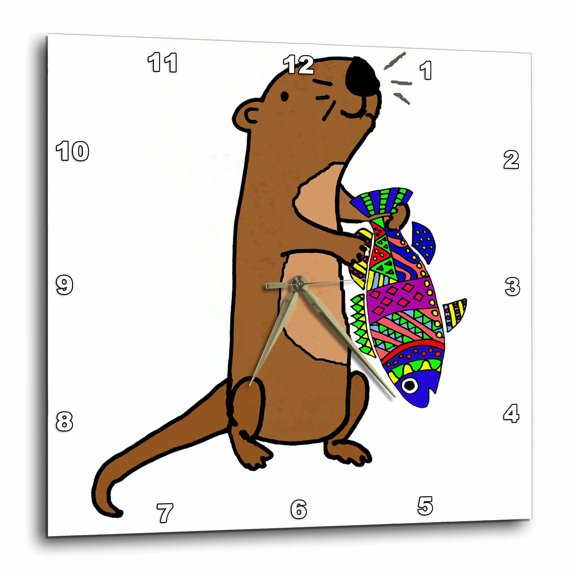 3drose, Cool Humorous Sea Otter with Colorful Fish Cartoon, 15x15 Wall Clock