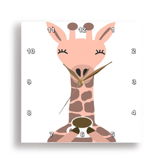 3drose, Cool Silly Creative Pink Giraffe Drinking a Hot Cup of Coffee, 13x13 Wall Clock