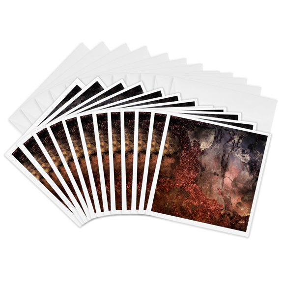 3drose, Luxury Copper Ombre Gem Stone Marble Glitter Metallic Faux Print, 12 Greeting Cards with Envelopes