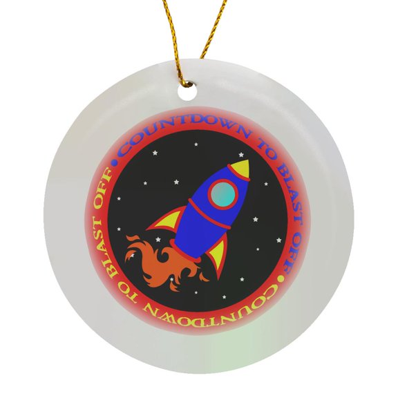 3drose, Countdown to Take Off Cute Rocket Ship Red and Blue, Circle Porcelain Ornament
